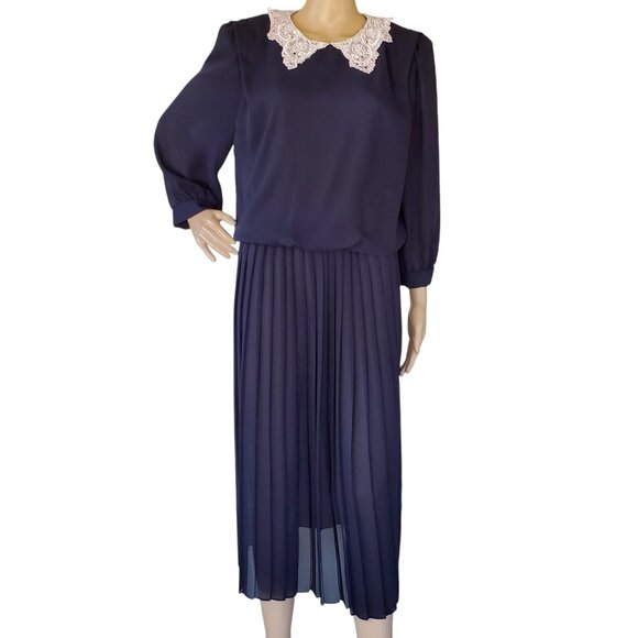 Vintage Career Blouson Maxi Dress Women's 12 Sheer Zip Blue Lace Crochet Collar - Picture 3 of 12